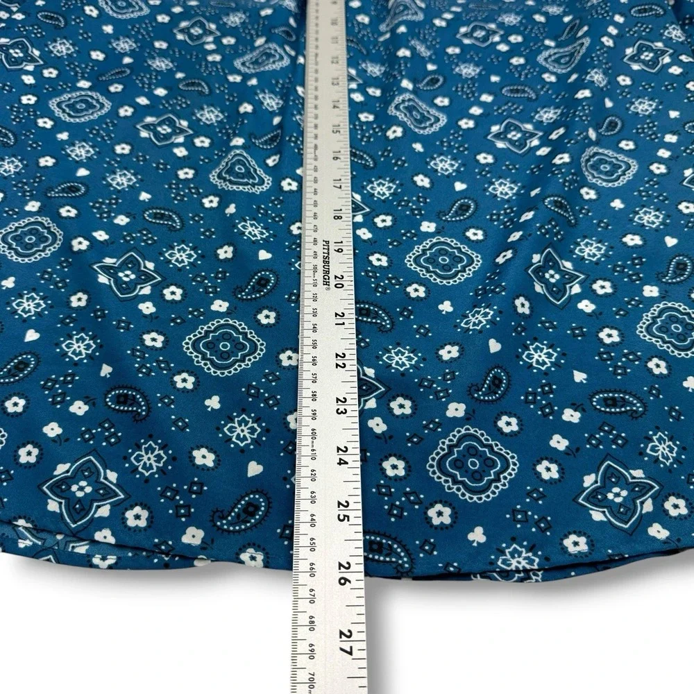 Anne Klein Bandana Paisley Floral Blouse Button Up Top Sz 10 Fiji Blue Roll Tab